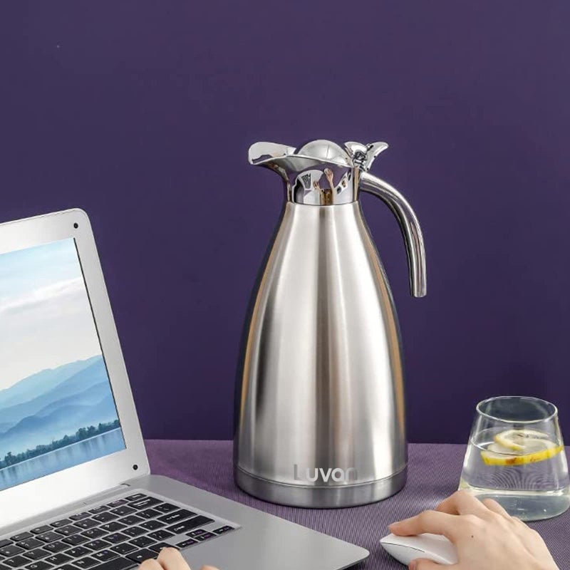 Luvan لُوفان 2.0 لتر 68 أونصة إبريق حراري من الفولاذ المقاوم للصدأ 304 مناسب للطعام/ مزدوج الجدران معزول بالفراغ مع غطاء زر ضغط، يحتفظ بالحرارة والبرودة لأكثر من 12 ساعة، خالي من BPA، للقهوة، الشاي، المشروبات وغيرها - Image 2